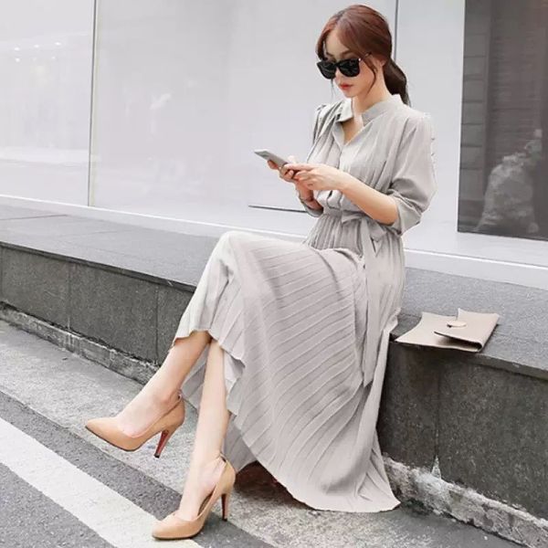 3色飄逸雪紡百褶裙綁帶長袖洋裝 3色飄逸雪紡百褶裙綁帶長袖洋裝