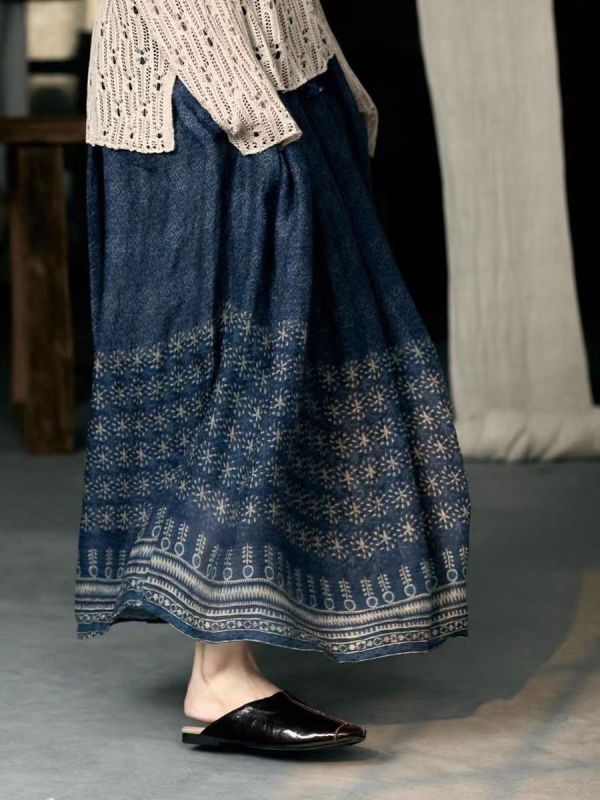 民族風棉麻飄逸印花長裙（鬆緊帶） 