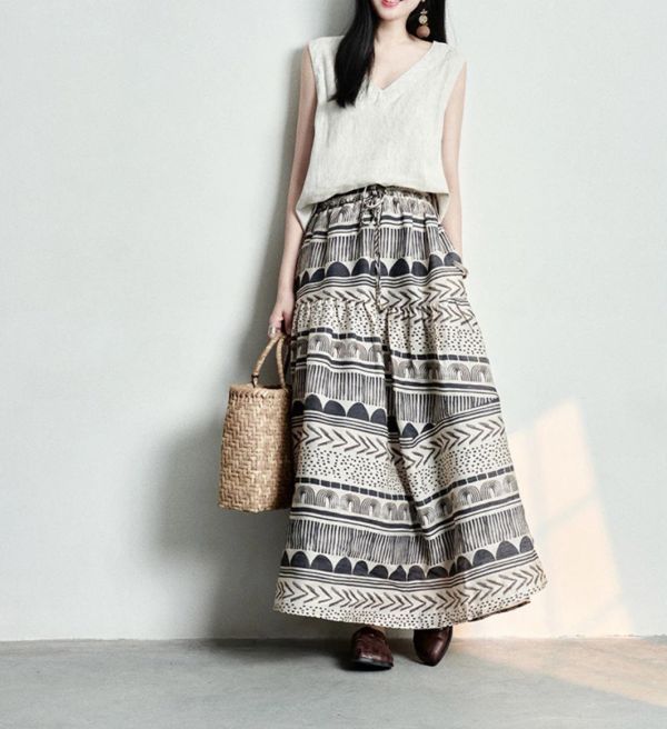 民族風幾何圖騰棉麻鬆緊帶長裙 