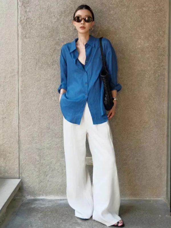 藍色慵懶風水洗棉質襯衫上衣 藍色慵懶風水洗棉質襯衫上衣