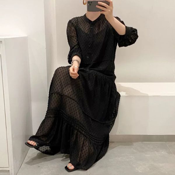 黑色雪紡點點兩件式長洋裝（含內搭裙） 