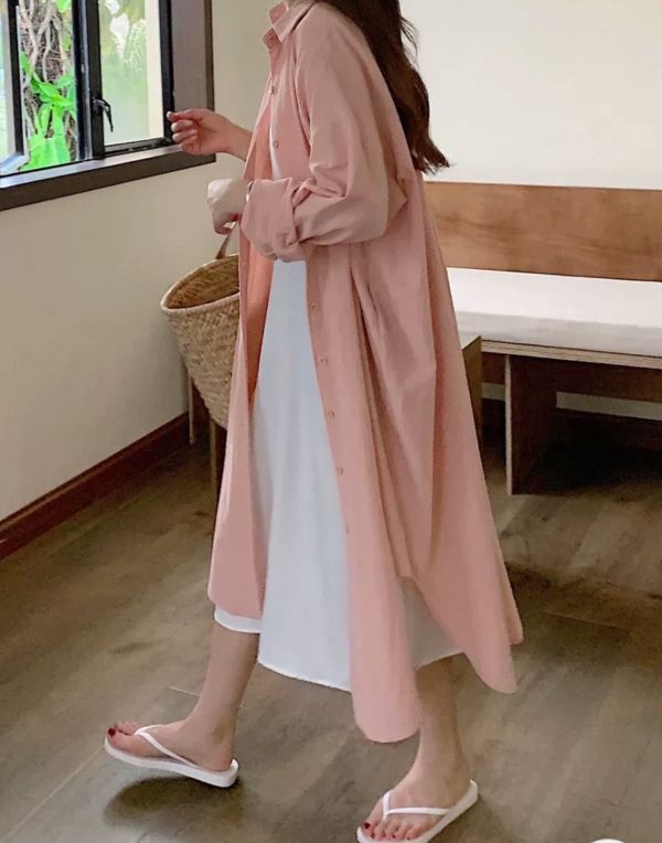 慵懶風純色寬鬆版側口袋長版襯衫 