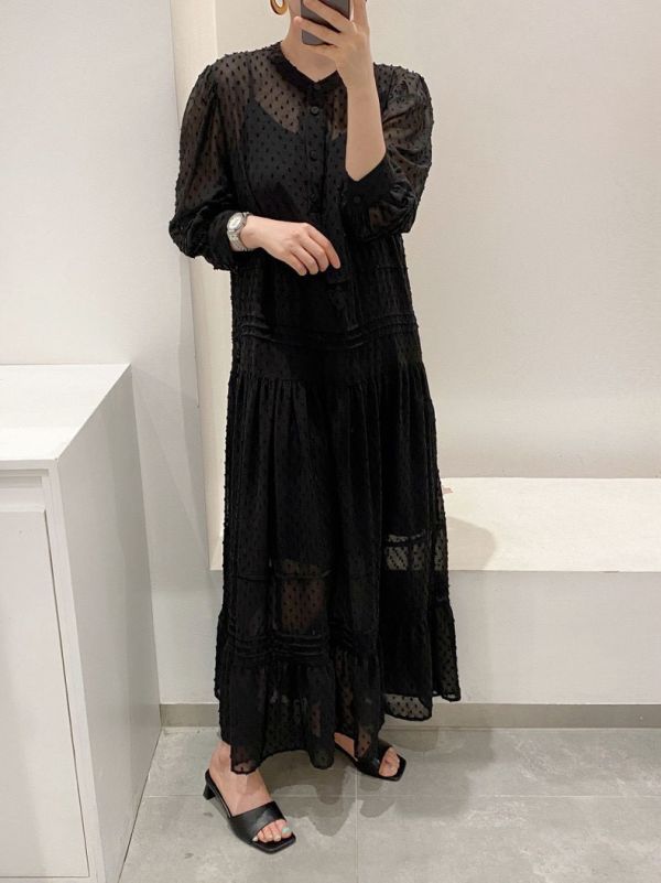 黑色雪紡點點兩件式長洋裝（含內搭裙） 