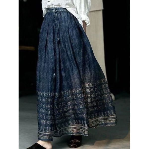 民族風棉麻飄逸印花長裙（鬆緊帶） 