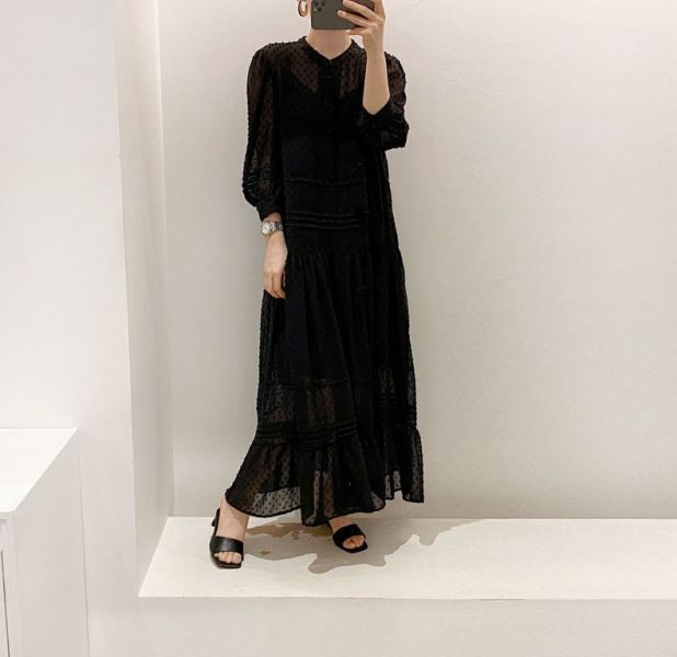 黑色雪紡點點兩件式長洋裝（含內搭裙） 