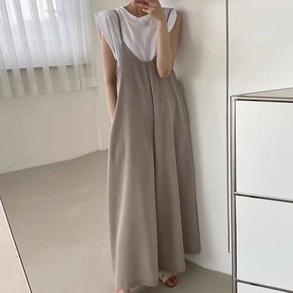 簡約杏色超長版垂感吊帶褲(不含上衣) 簡約杏色超長版垂感吊帶褲