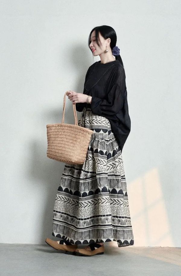 民族風幾何圖騰棉麻鬆緊帶長裙 