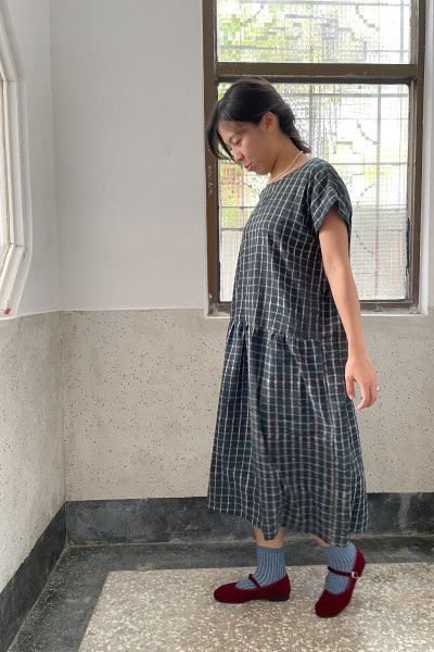 格子｜圓領短袖洋裝 