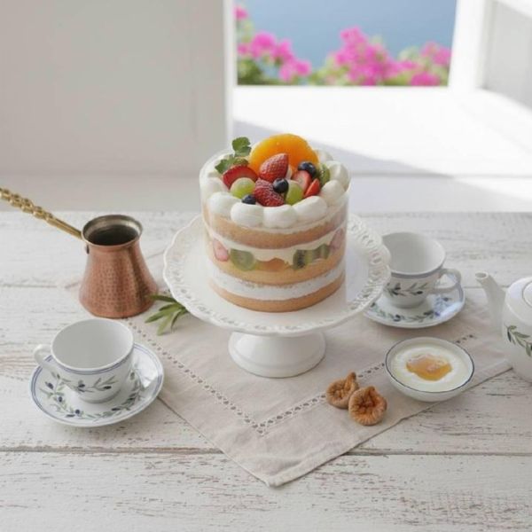 四季水果裸蛋糕(北海道十勝生乳) 蛋糕體使用屏東蓬萊米穀粉製成,無麩質、輕盈柔軟,夾層中包裹著手炒芋泥餡、Q彈滑嫩的布丁,再加入西班牙鮮奶油,堆疊出入口即化的豐富層次。