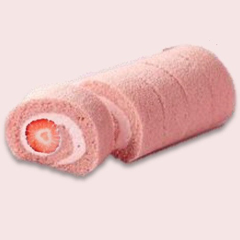 粉紅草莓蛋糕捲 蛋糕體使用屏東蓬萊米穀粉製成,無麩質、輕盈柔軟,夾層中包裹著手炒芋泥餡、Q彈滑嫩的布丁,再加入西班牙鮮奶油,堆疊出入口即化的豐富層次。