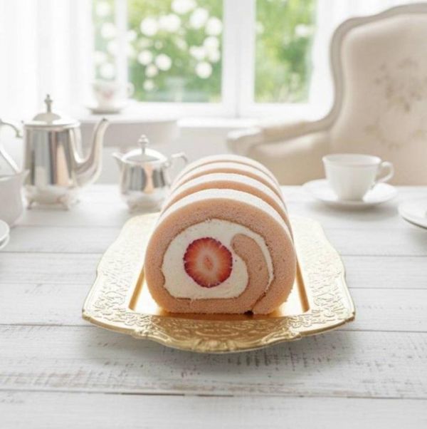 粉紅草莓蛋糕捲 蛋糕體使用屏東蓬萊米穀粉製成,無麩質、輕盈柔軟,夾層中包裹著手炒芋泥餡、Q彈滑嫩的布丁,再加入西班牙鮮奶油,堆疊出入口即化的豐富層次。