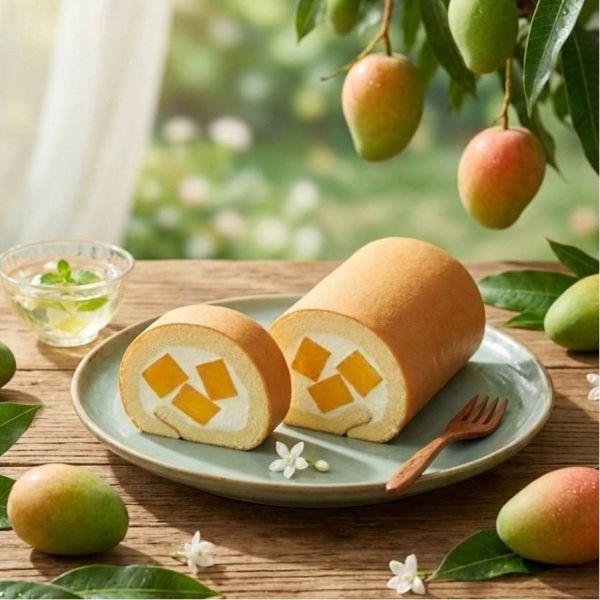 金芒奶霜捲(夏季限定) 蛋糕體使用屏東蓬萊米穀粉製成,無麩質、輕盈柔軟,夾層中包裹著手炒芋泥餡、Q彈滑嫩的布丁,再加入西班牙鮮奶油,堆疊出入口即化的豐富層次。