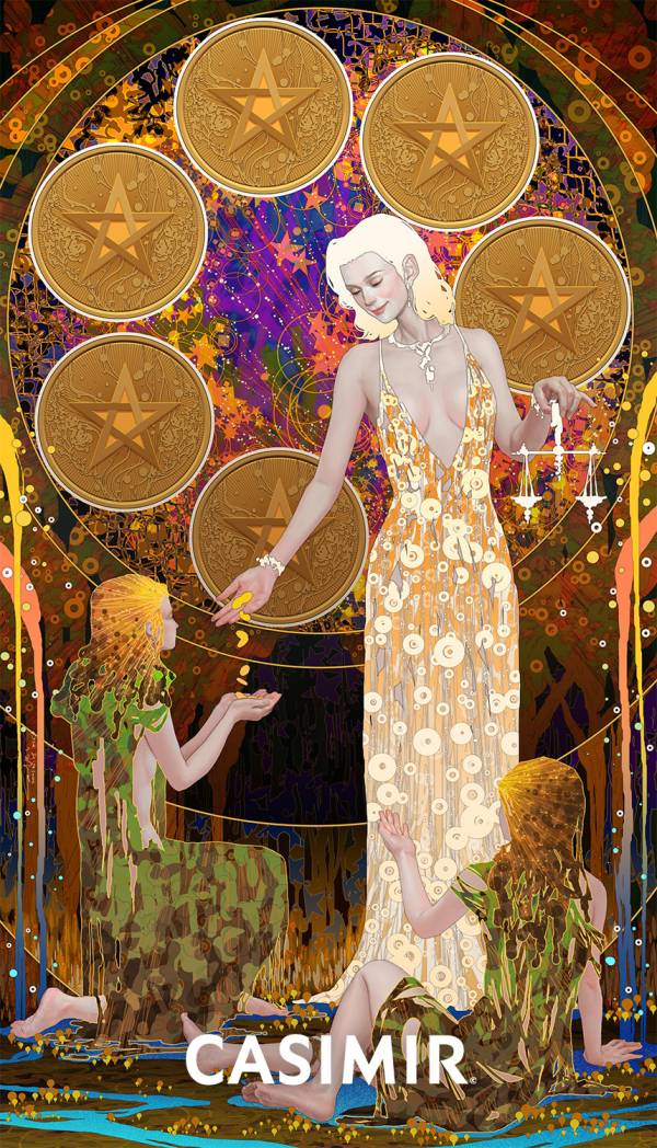 CASIMIR｜Tarot Series - Six of Pentacles（錢幣六）限量藝術版畫 casimir,casimir 藝術家,casimir 塔羅,tarot art print,tarot pentacles,money tarot series,限量藝術版畫,博物館等級輸出,塔羅藝術作品,當代藝術收藏,小眾藝術收藏,Neverland Gallery,塔羅小牌錢幣系列,fine art tarot,digital art tarot cards