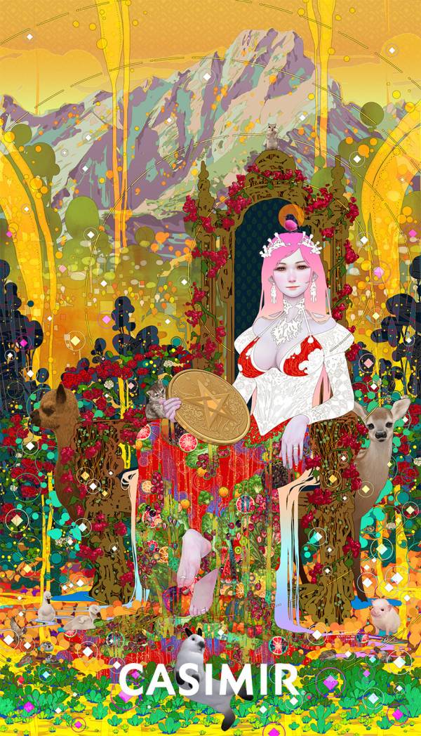 CASIMIR｜Tarot Series - Queen of Pentacles（錢幣皇后）限量藝術版畫 casimir,casimir 藝術家,casimir 塔羅,tarot art print,tarot pentacles,money tarot series,限量藝術版畫,博物館等級輸出,塔羅藝術作品,當代藝術收藏,小眾藝術收藏,Neverland Gallery,塔羅小牌錢幣系列,fine art tarot,digital art tarot cards