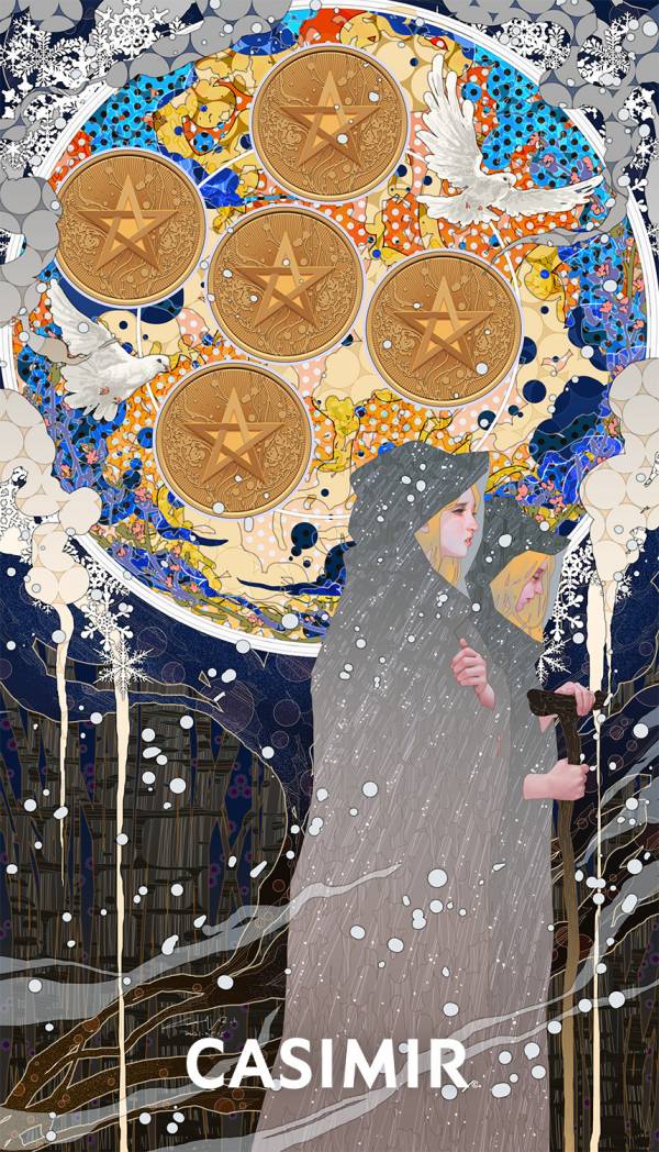 CASIMIR｜Tarot Series - Five of Pentacles（錢幣五）限量藝術版畫 casimir,casimir 藝術家,casimir 塔羅,tarot art print,tarot pentacles,money tarot series,限量藝術版畫,博物館等級輸出,塔羅藝術作品,當代藝術收藏,小眾藝術收藏,Neverland Gallery,塔羅小牌錢幣系列,fine art tarot,digital art tarot cards