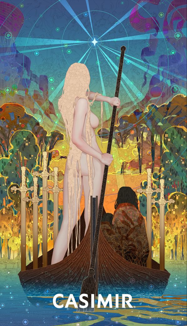 CASIMIR｜Tarot Series - Six of Swords（寶劍六）限量藝術版畫 casimir,casimir 藝術家,casimir 塔羅,tarot art print,tarot pentacles,money tarot series,限量藝術版畫,博物館等級輸出,塔羅藝術作品,當代藝術收藏,小眾藝術收藏,Neverland Gallery,塔羅小牌錢幣系列,fine art tarot,digital art tarot cards