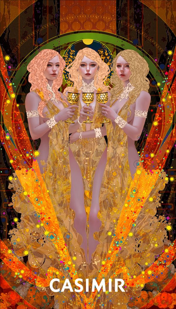 CASIMIR｜Tarot Series – Three of Cups（聖杯三）限量藝術版畫 casimir,casimir 藝術家,casimir 塔羅,tarot art print,tarot pentacles,money tarot series,限量藝術版畫,博物館等級輸出,塔羅藝術作品,當代藝術收藏,小眾藝術收藏,Neverland Gallery,塔羅小牌錢幣系列,fine art tarot,digital art tarot cards