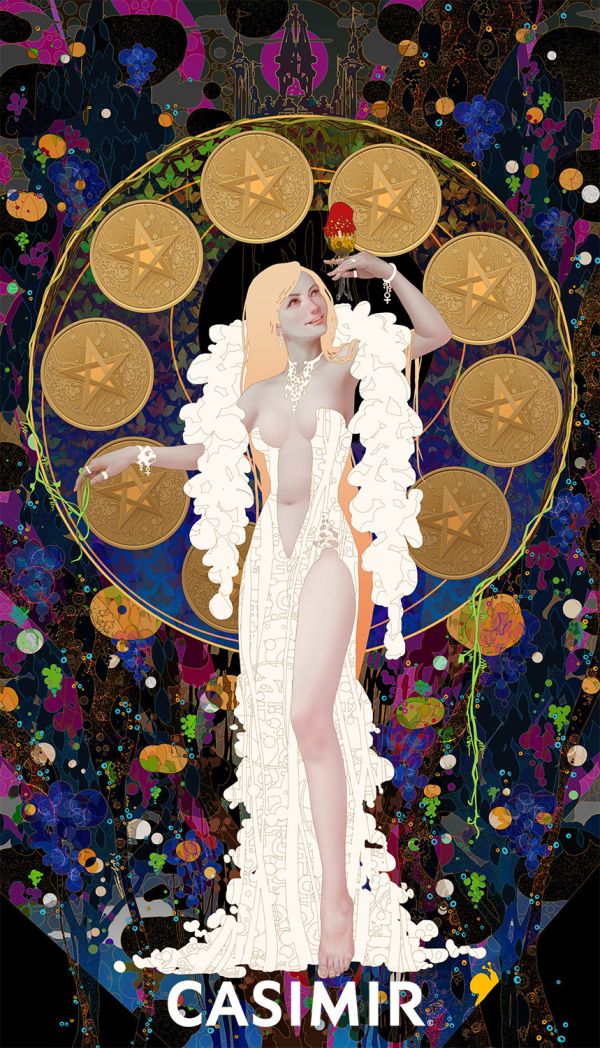 CASIMIR｜Tarot Series - Nine of Pentacles（錢幣九）限量藝術版畫 casimir,casimir 藝術家,casimir 塔羅,tarot art print,tarot pentacles,money tarot series,限量藝術版畫,博物館等級輸出,塔羅藝術作品,當代藝術收藏,小眾藝術收藏,Neverland Gallery,塔羅小牌錢幣系列,fine art tarot,digital art tarot cards