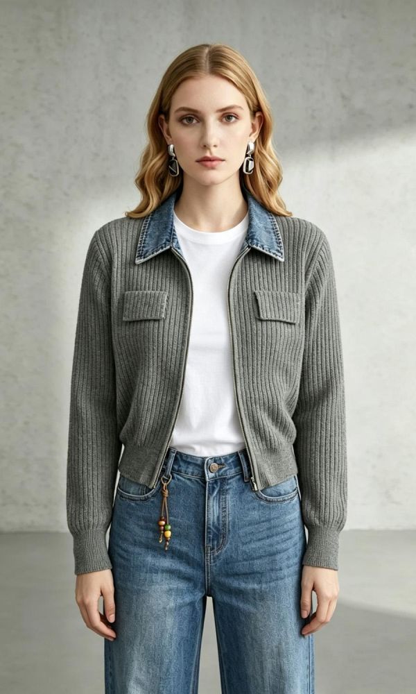 簡約帥氣雙開拉鏈針織外套V6087A 