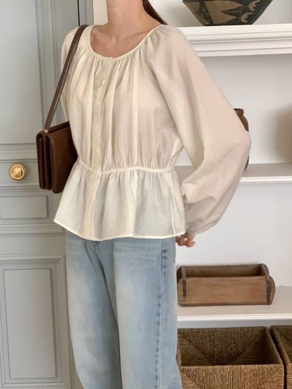 甜美圓領縮腰顯瘦薄透感長袖上衣 輕薄,長袖,縮腰,圓領,寬領,甜美