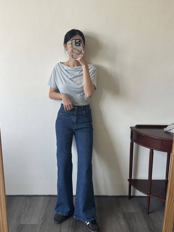 復古百搭微喇叭修身微彈性牛仔長褲 