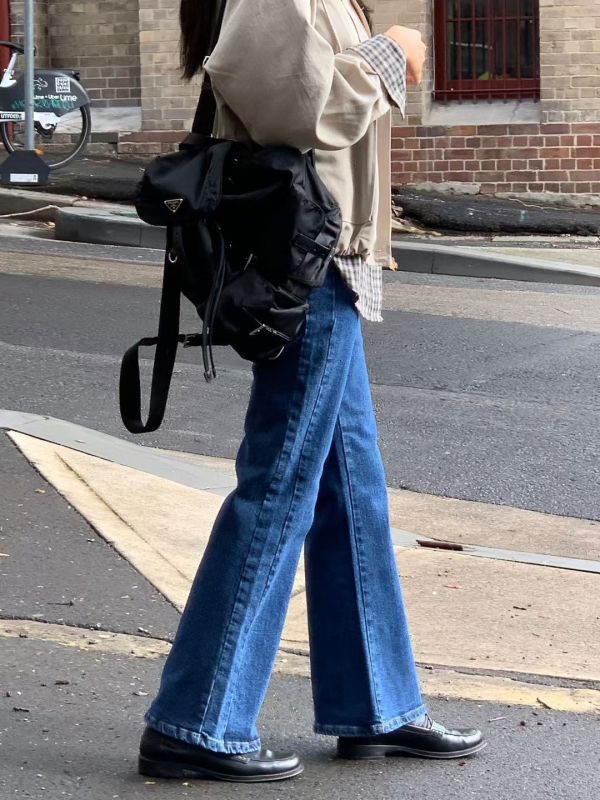 復古百搭微喇叭修身微彈性牛仔長褲 