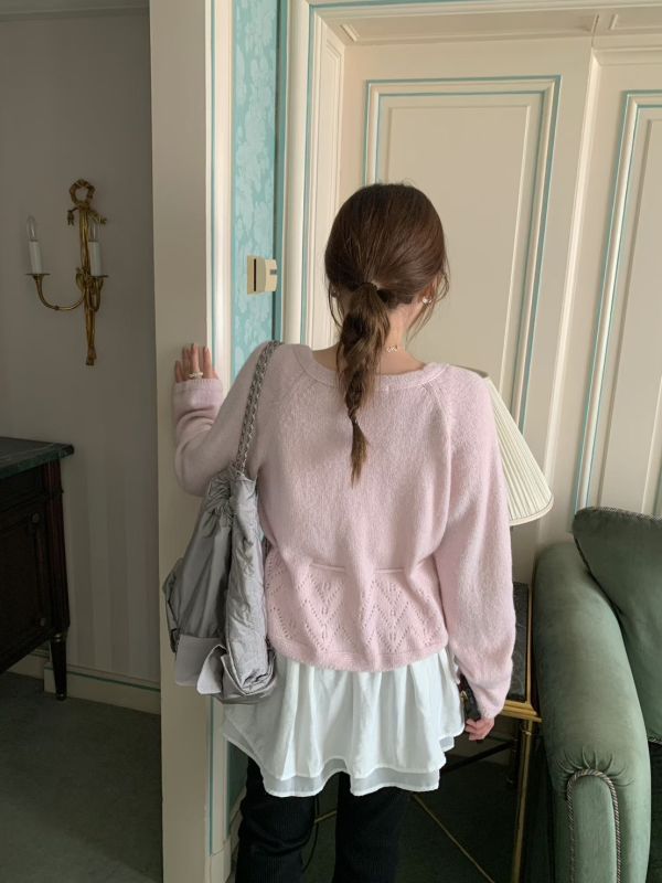 春日感柔色針織綁帶長袖罩衫 鏤空花紋設計感針織上衣 薄毛衣 薄外套 初秋 韓系 不撞款 溫柔 針織外套 長袖 上衣 冬天