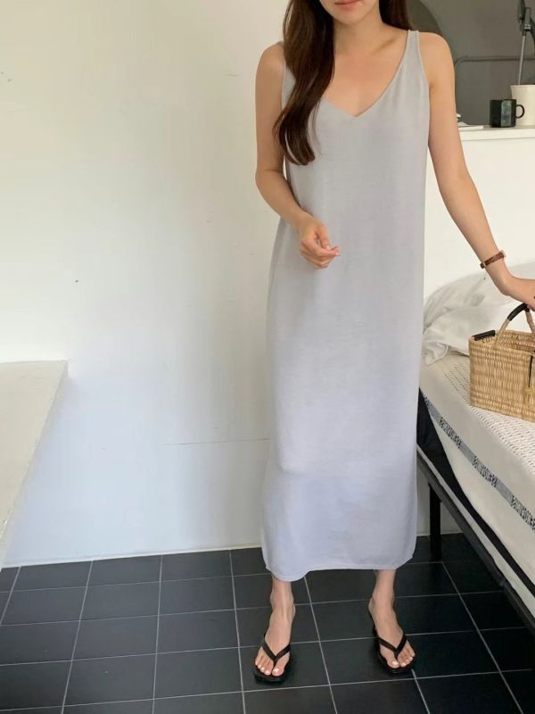 韓系清新V領背心長洋 長洋裝,長板,無袖,氣質