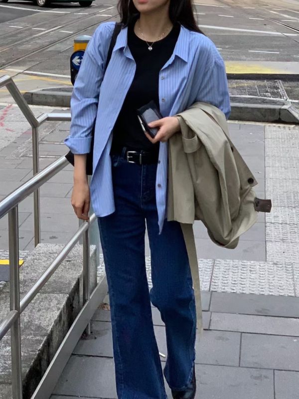 復古百搭微喇叭修身微彈性牛仔長褲 