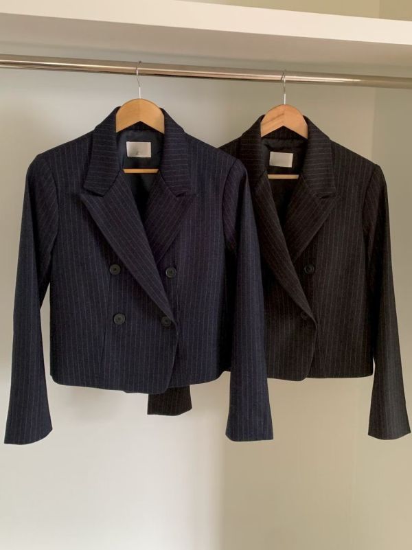 立體剪裁條紋西裝外套  翻領短版外套 商務外套 雙排釦,西裝,外套,短板,條紋,立體剪裁