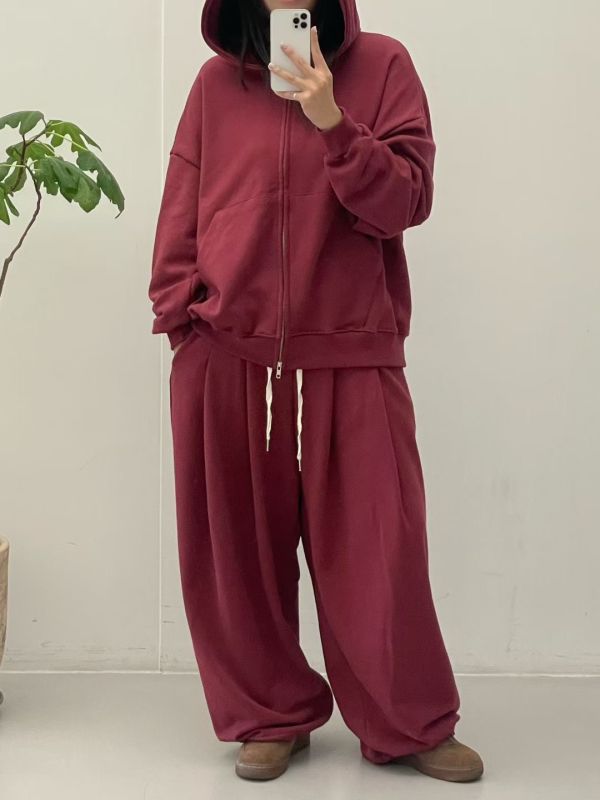 OVERSIZE 男女共穿A字打摺棉褲 純棉雙向拉鍊連帽外套 休閒套裝 unisex 套裝,oversize,寬板,外套,棉褲,休閒
