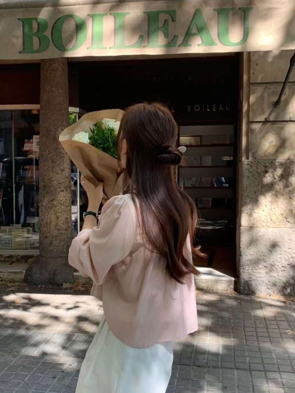 薄款長袖蕾絲荷葉邊襯衫上衣 