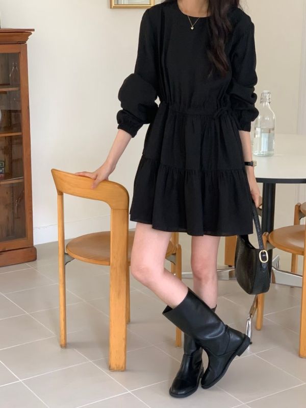 （現貨+預購）氣質甜美腰部抽繩 長袖短洋裝 洋裝,連衣裙,長袖,短版,短洋