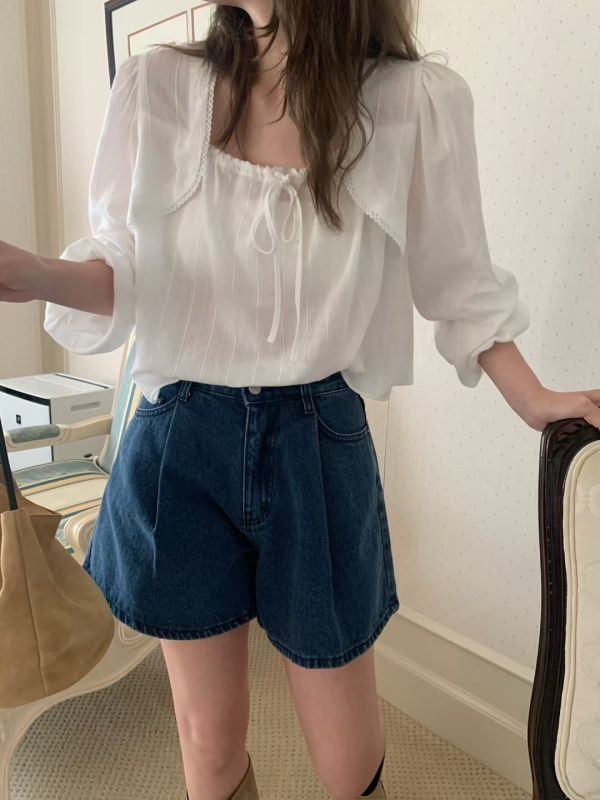 深藍壓單摺闊腿A字牛仔短褲 