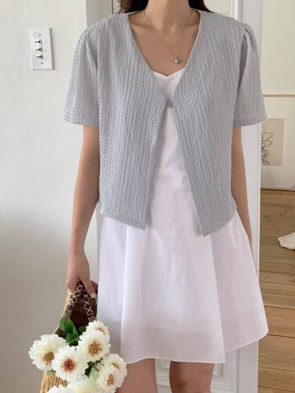 （現貨+預購）質感單扣短袖罩衫 短袖襯衫 洋裝外套 罩衫,短袖,單釦,襯衫,女裝,上衣,外套