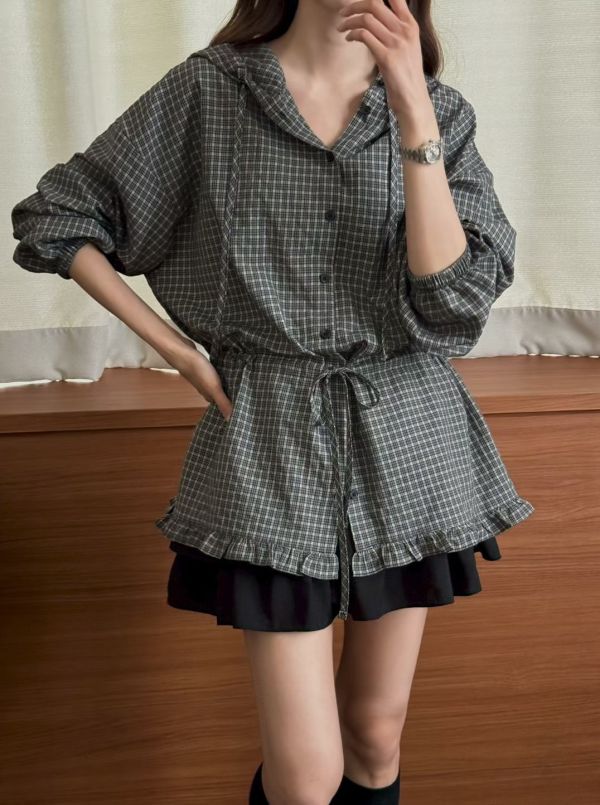 【TIZZI】鹽甜風格子連帽腰部抽繩長袖襯衫 長版上衣 格子,襯衫,罩衫,抽繩,收腰,長板,連帽襯衫