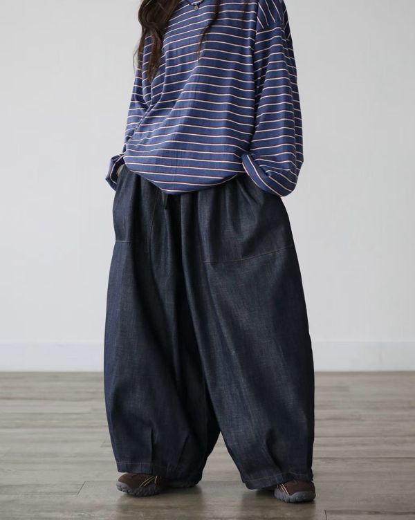 不退色丹寧氣球褲 繭型褲 寬褲 鬆緊牛仔褲 氣球褲,繭型褲,寬褲,鬆緊,日系復古,OVERSIZE