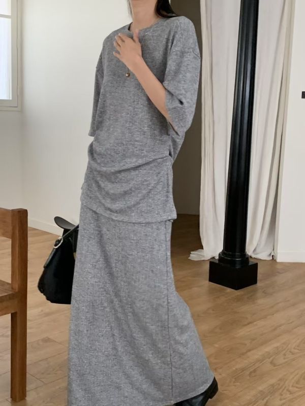 日常柔紋皺摺短袖+鬆緊長裙套裝 