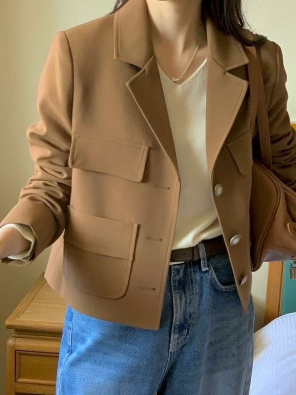 氣質挺版翻領西裝外套  奶油色系西裝短版外套 商務外套 小香風,西裝,外套,多色,西外