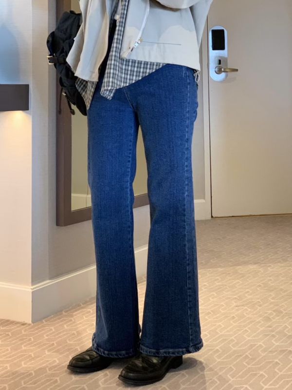 復古百搭微喇叭修身微彈性牛仔長褲 