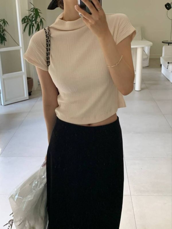 極簡風 微收腰細紋立領上衣 百搭短袖上衣 