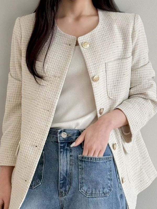 金釦設計感粗花呢外套 名媛風小香外套 中長板外套 小香風,西裝,外套,花呢,名媛,中長板