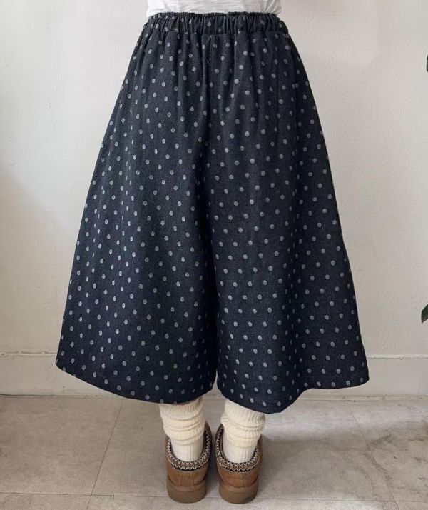日系復古感圓點寬版 抽繩厚磅長褲 寬褲,點點,腰部鬆緊,寬鬆,長褲,七分褲,褲裙