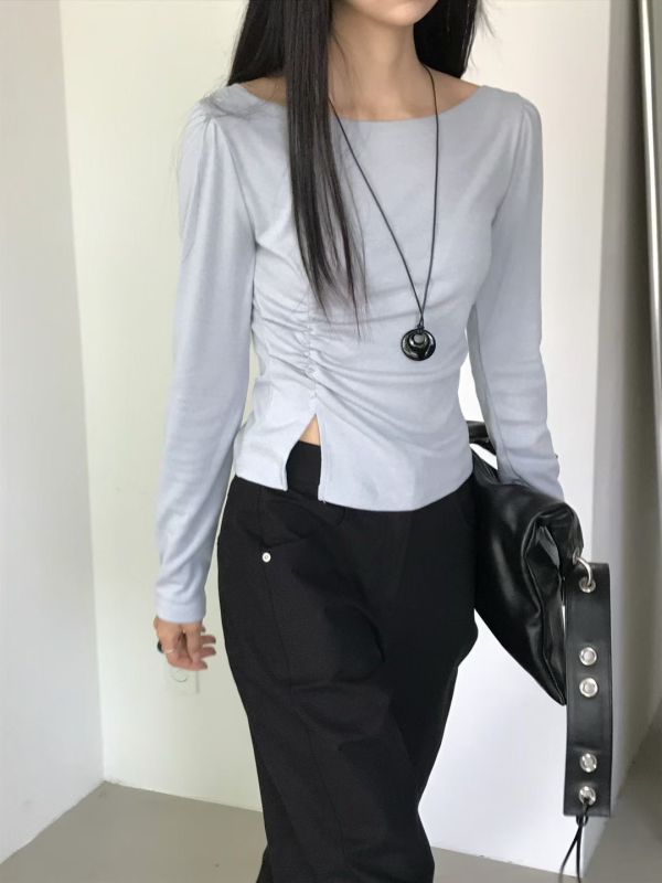 彈力開衩設計貼身長袖上衣 修身側皺長袖T 長袖,修身,開岔,褶皺,薄款