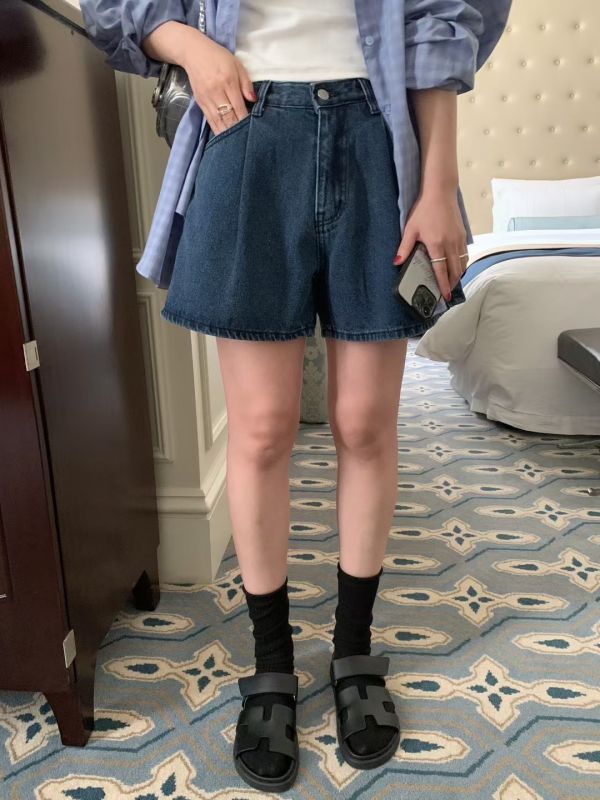 深藍壓單摺闊腿A字牛仔短褲 