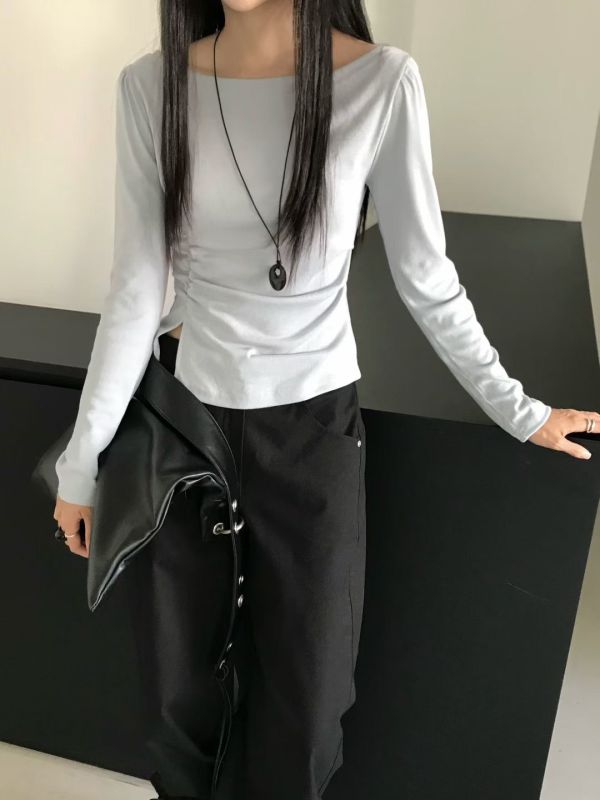 彈力開衩設計貼身長袖上衣 修身側皺長袖T 長袖,修身,開岔,褶皺,薄款