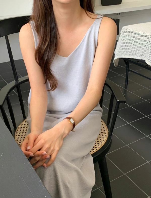 韓系清新V領背心長洋 長洋裝,長板,無袖,氣質