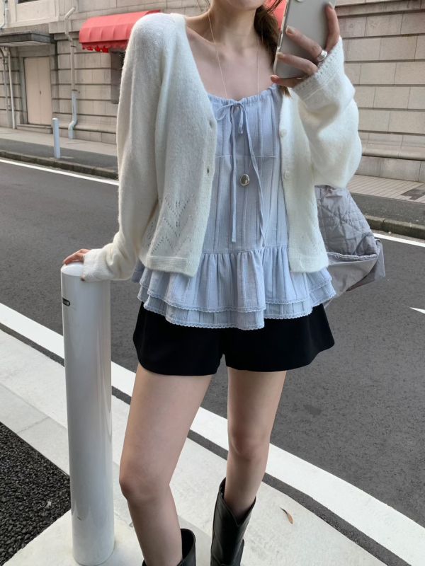 荷葉邊蝴蝶結條紋雙層裙 層次上衣 吊帶背心 東大門 吊帶 背心 可調節背心 層次感穿搭