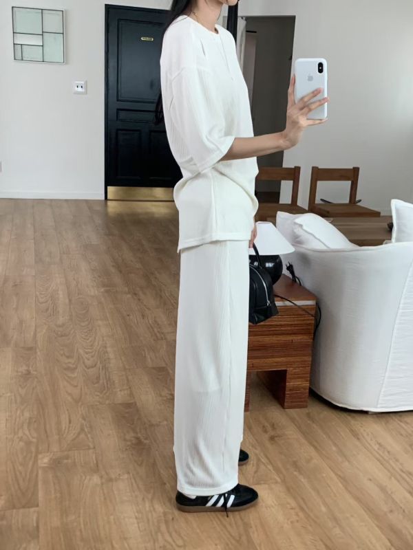 日常柔紋皺摺短袖+鬆緊長裙套裝 