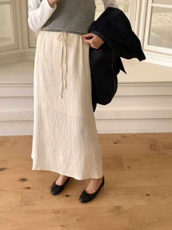 抽繩綁帶褶皺質感A字長裙 長裙,半裙,鬆緊腰,A字裙,抽繩,褶皺